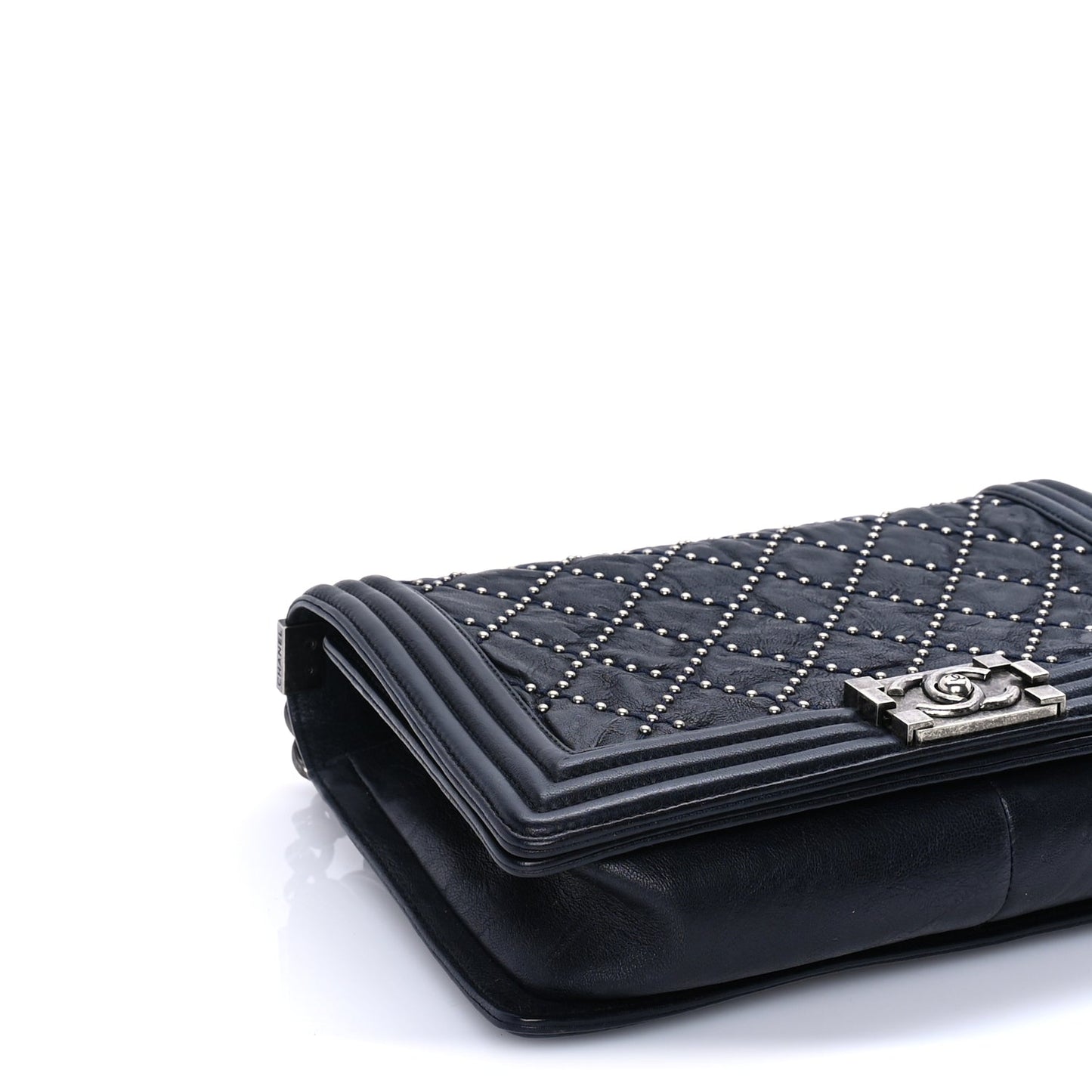 Chanel Crumpled Lambskin New Medium Studded Boy Flap Navy