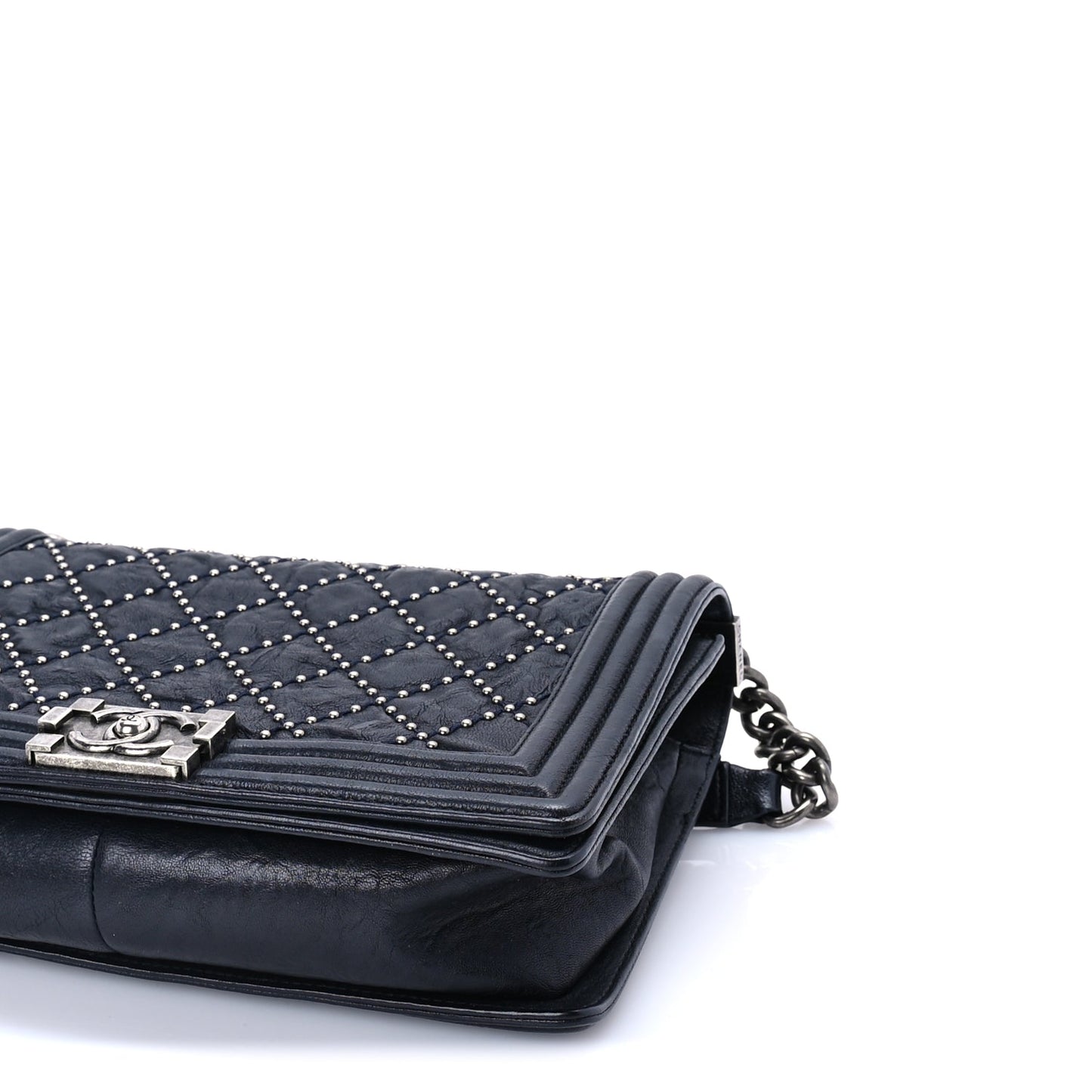 Chanel Crumpled Lambskin New Medium Studded Boy Flap Navy