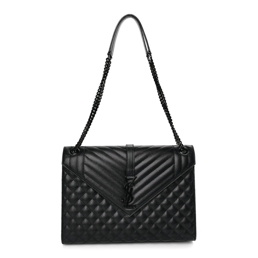 Saint Laurent Grain De Poudre Textured Mixed Matelasse Large Triquilt Monogram Monochrome Satchel Black