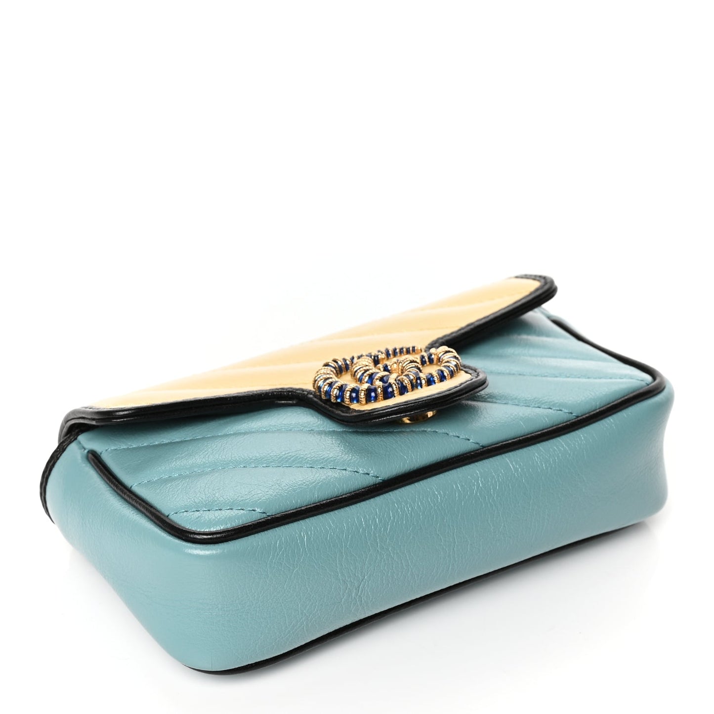 Gucci Azalea Calfskin Enamel Matelasse Diagonal Super Mini Torchon GG Marmont Shoulder Bag Butter Dusty Azure Black Electric Blue