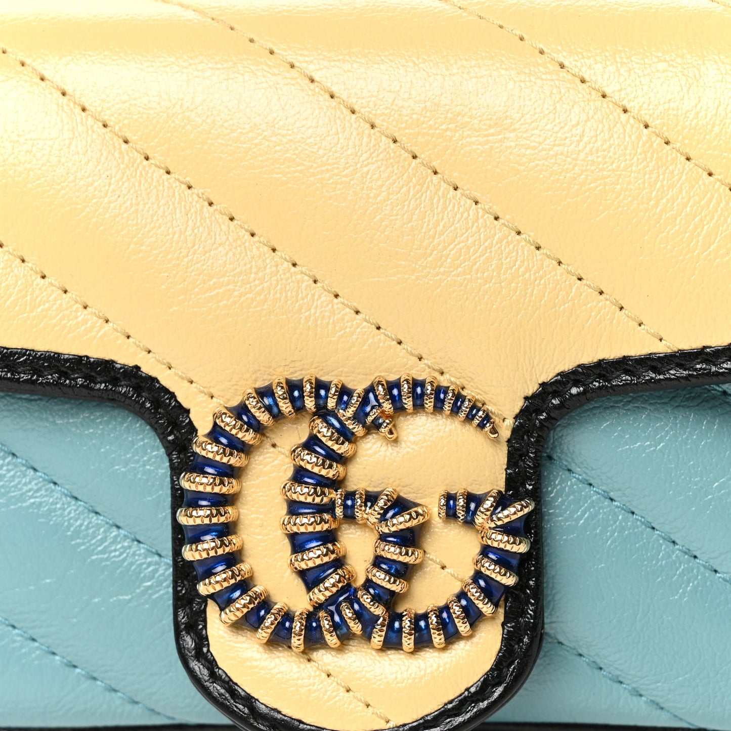 Gucci Azalea Calfskin Enamel Matelasse Diagonal Super Mini Torchon GG Marmont Shoulder Bag Butter Dusty Azure Black Electric Blue