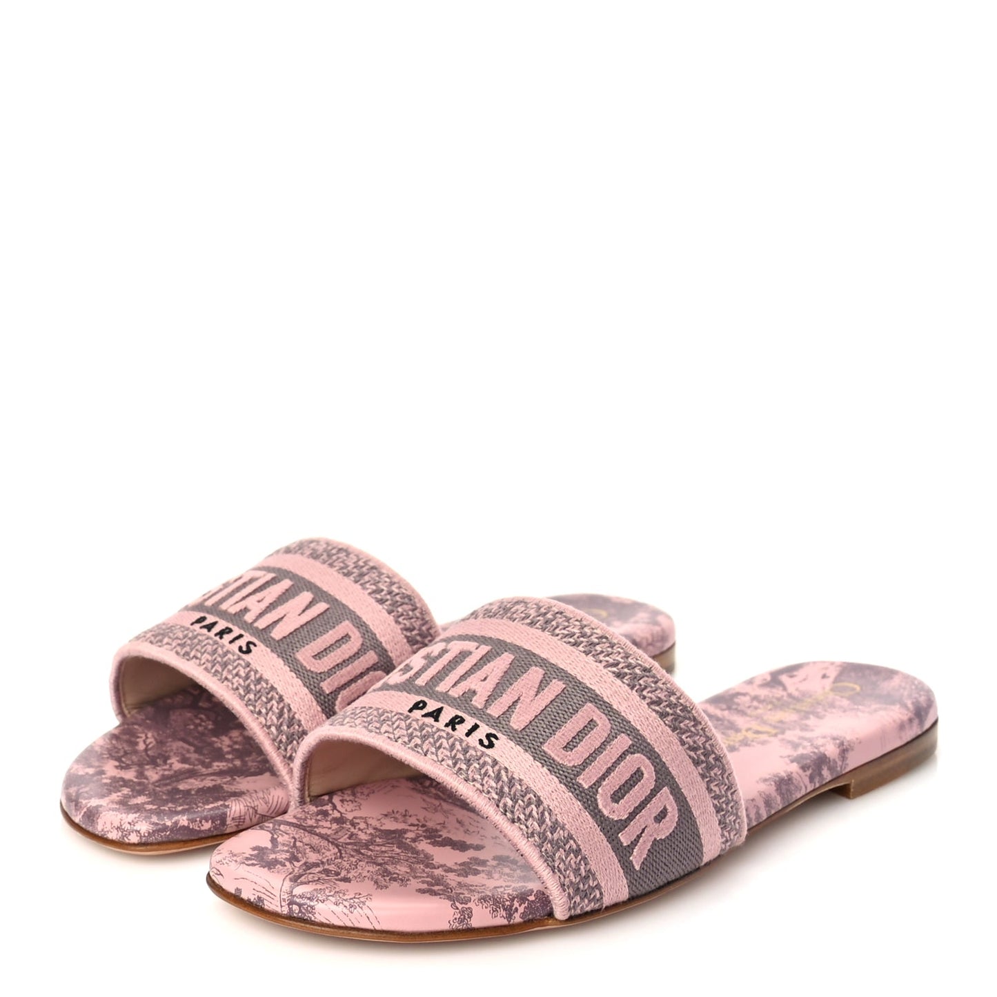 Christian Dior Canvas Toile De Jouy Embroidered Dway Flat Slide Sandals 35.5 Chateau Rose