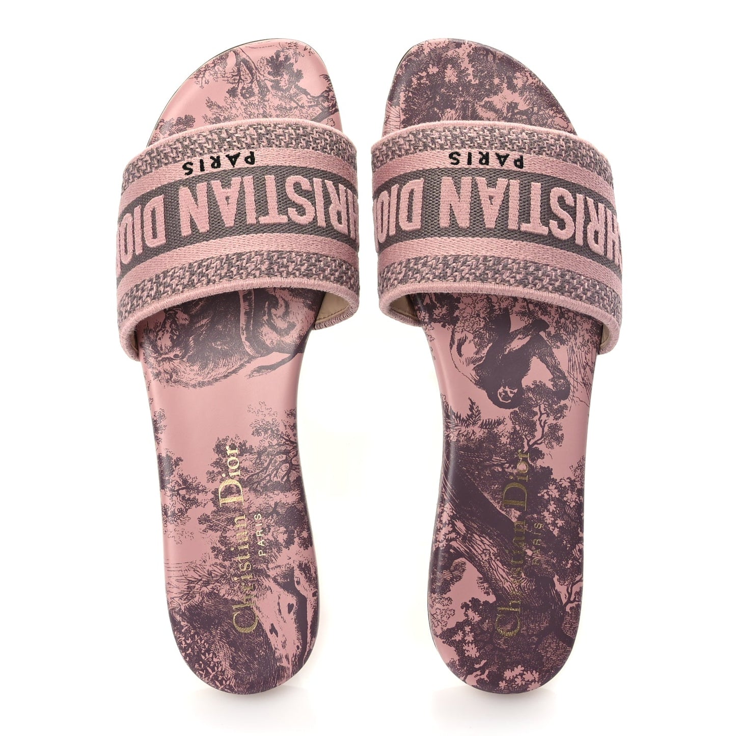 Christian Dior Canvas Toile De Jouy Embroidered Dway Flat Slide Sandals 35.5 Chateau Rose