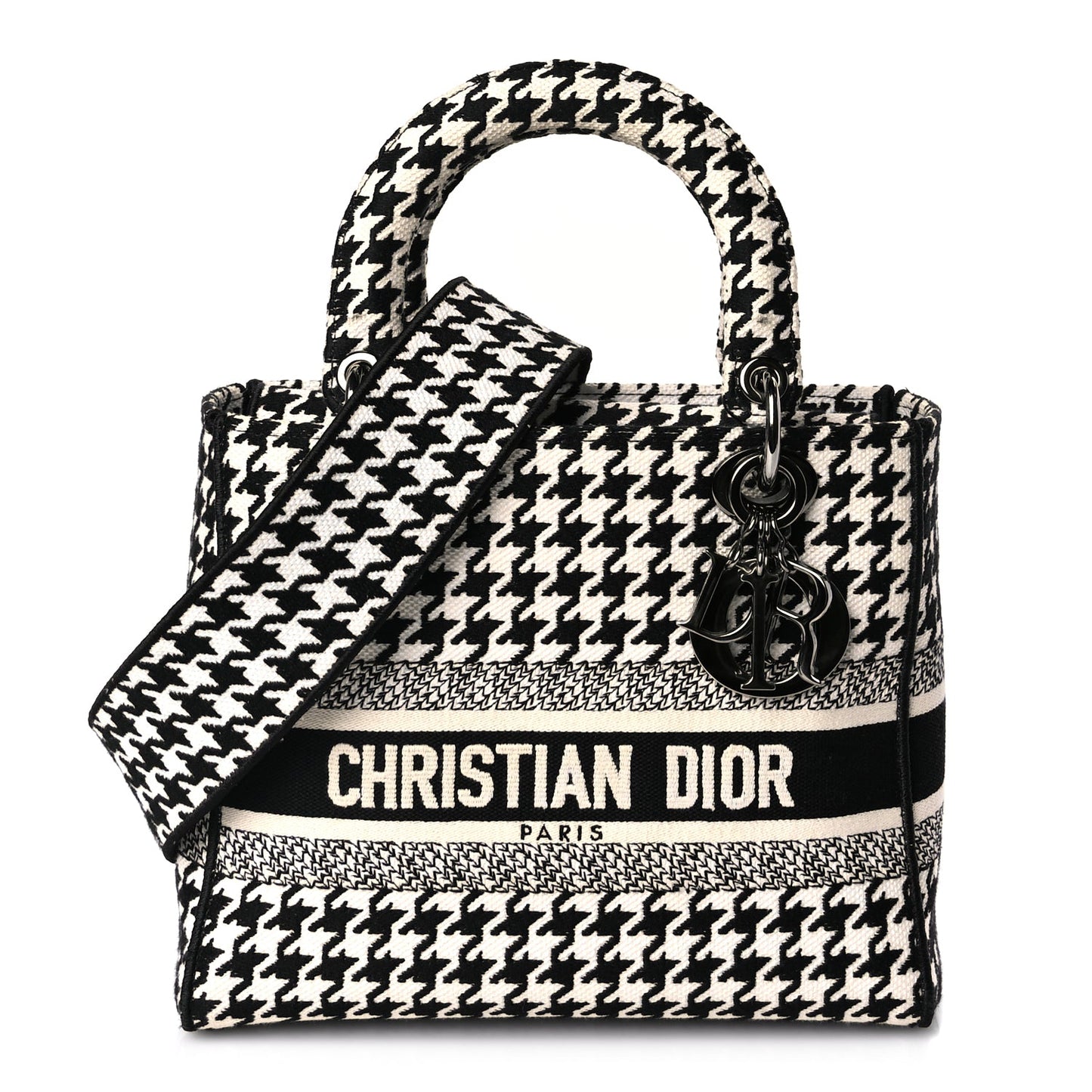 Christian Dior Canvas Houndstooth Embroidered Medium Lady D-Lite Black White