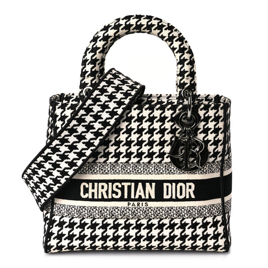 Christian Dior Canvas Houndstooth Embroidered Medium Lady D-Lite Black White