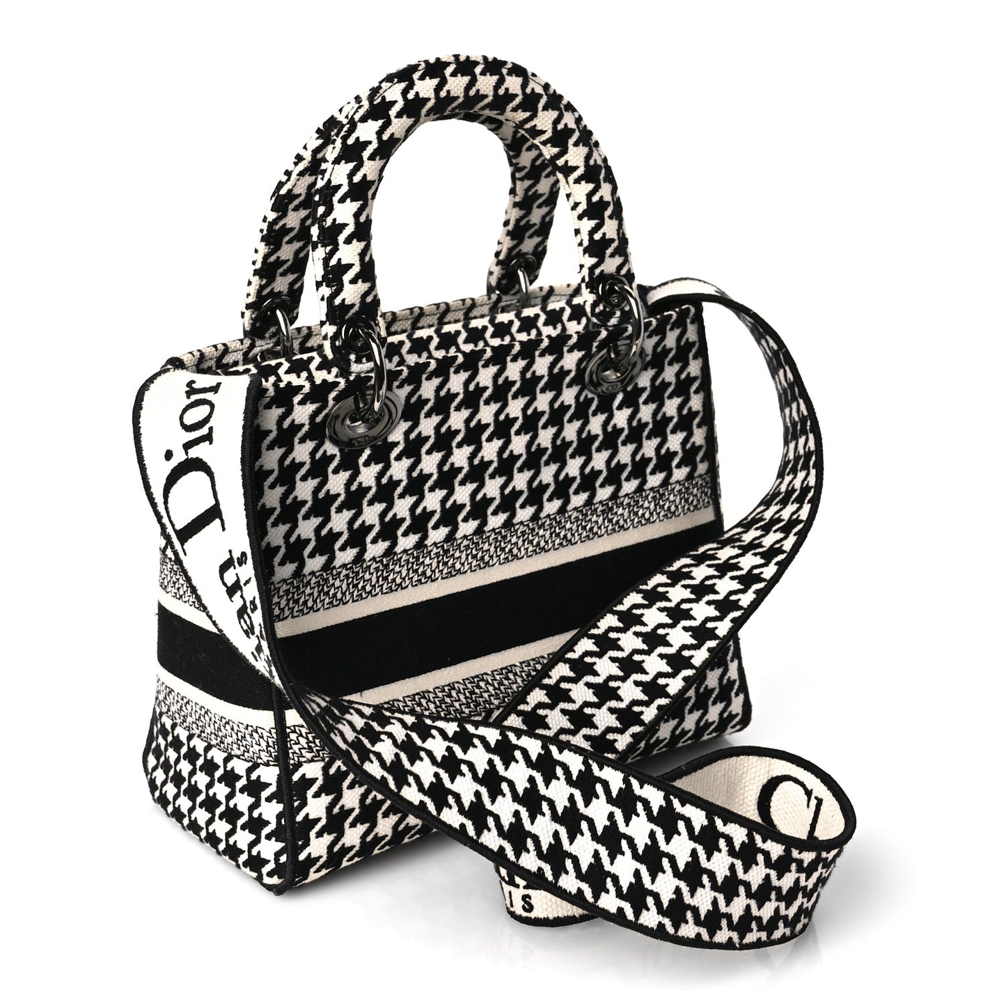 Christian Dior Canvas Houndstooth Embroidered Medium Lady D-Lite Black White