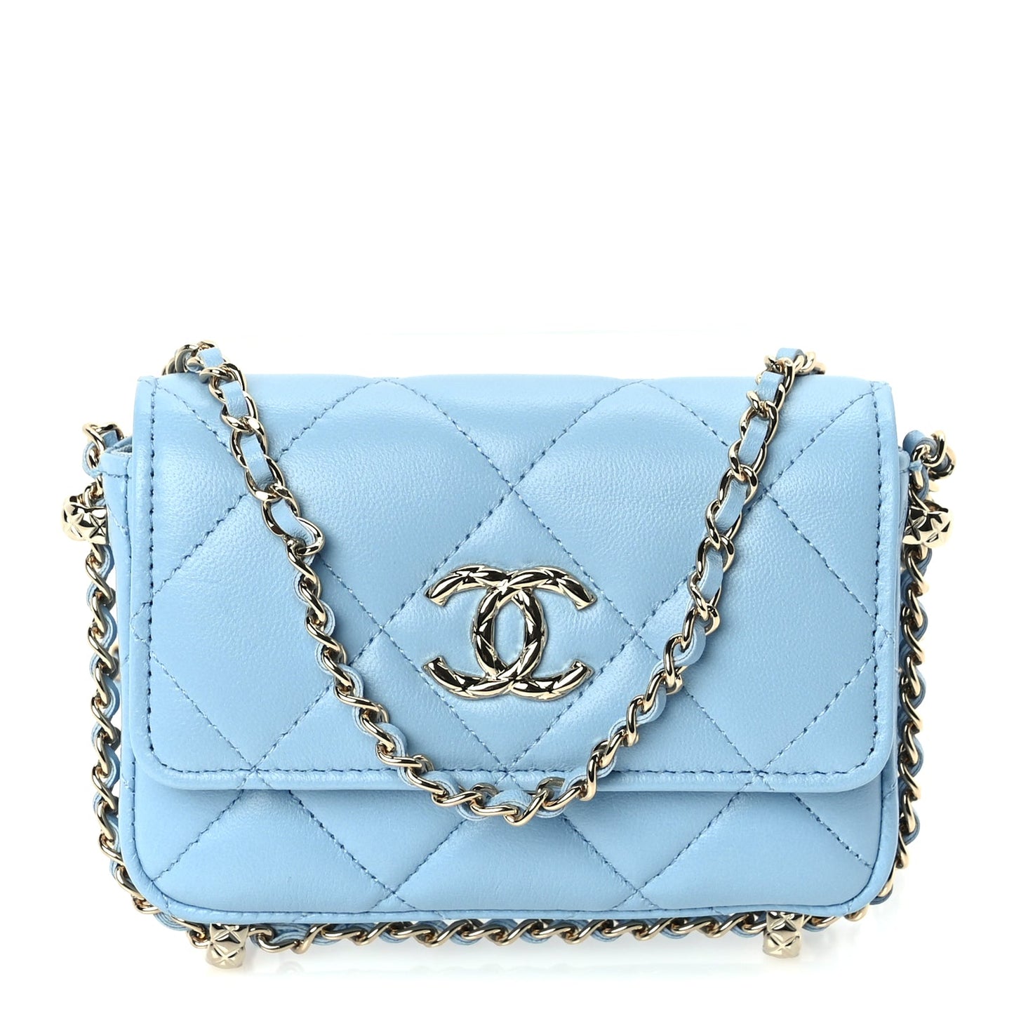 Chanel Lambskin Quilted CC Clutch With Chain Light Blue