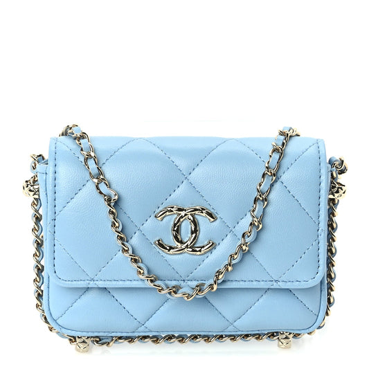 Chanel Lambskin Quilted CC Clutch With Chain Light Blue