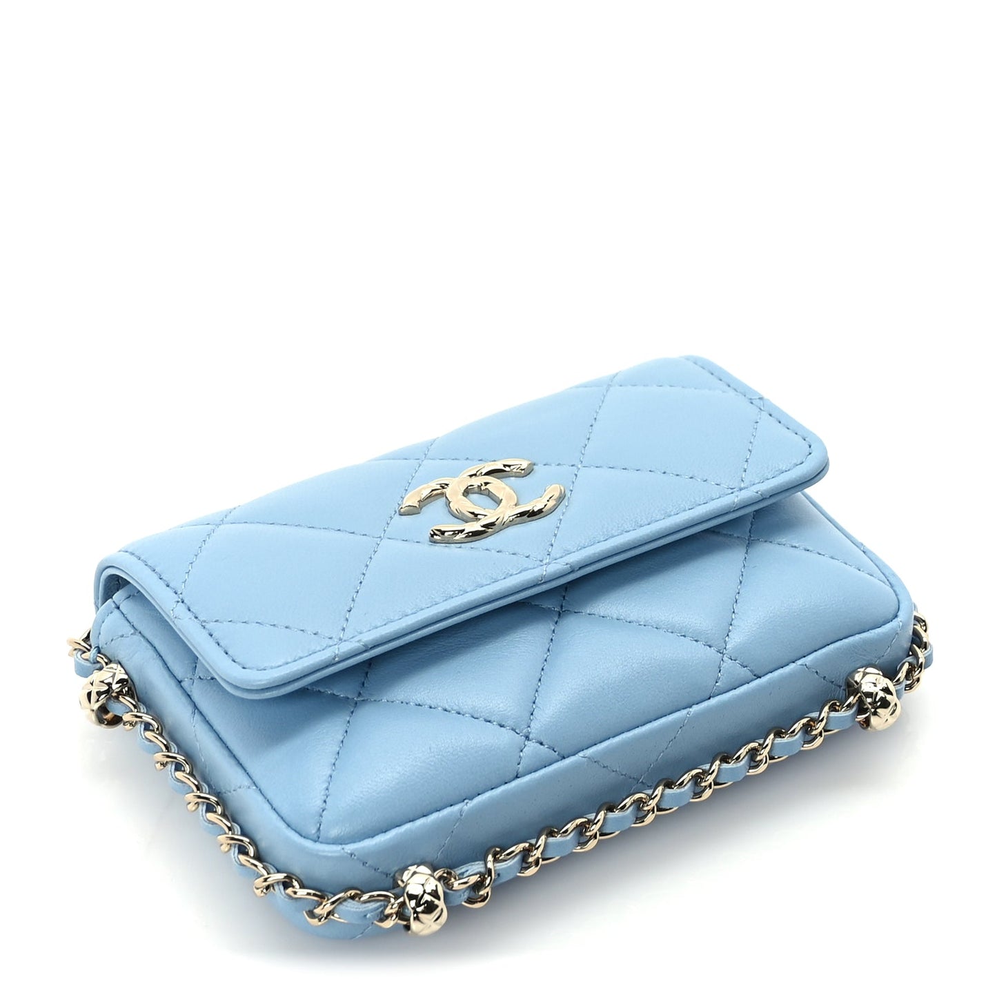 Chanel Lambskin Quilted CC Clutch With Chain Light Blue