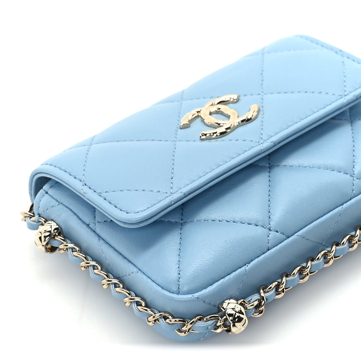Chanel Lambskin Quilted CC Clutch With Chain Light Blue