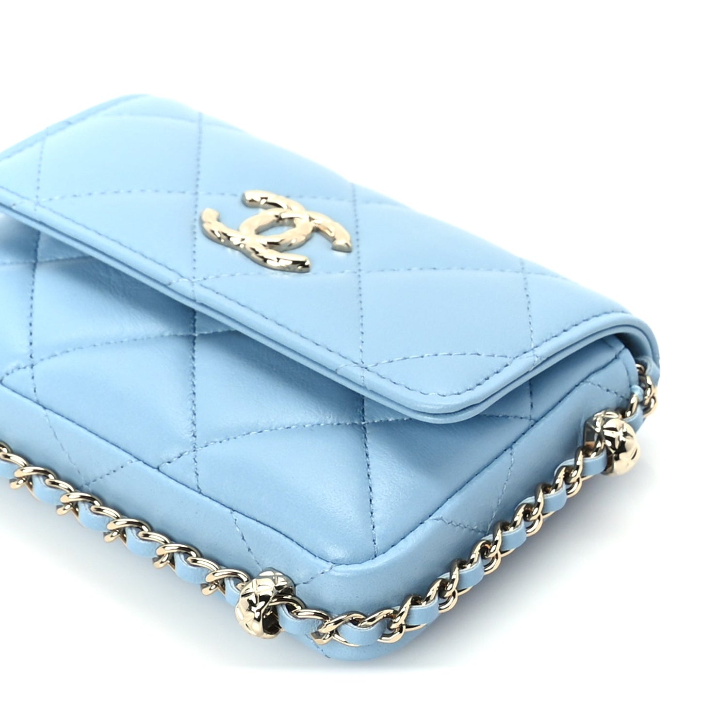 Chanel Lambskin Quilted CC Clutch With Chain Light Blue