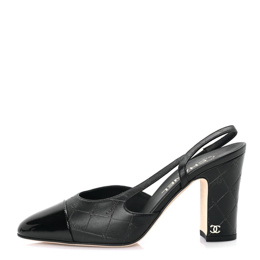 Chanel Lambskin Patent Calfskin Quilted Cap Toe Coco CC Slingback Pumps 37.5  Black