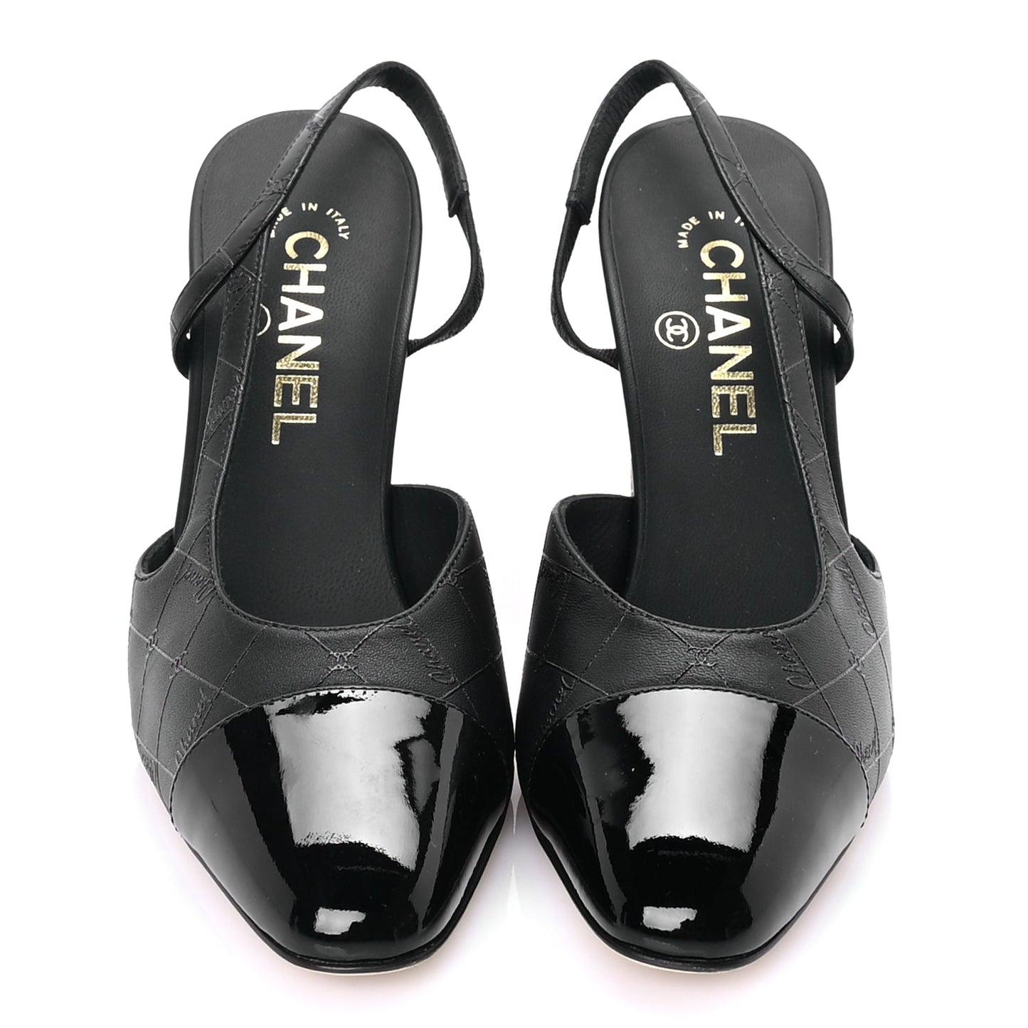 Chanel Lambskin Patent Calfskin Quilted Cap Toe Coco CC Slingback Pumps 37.5  Black