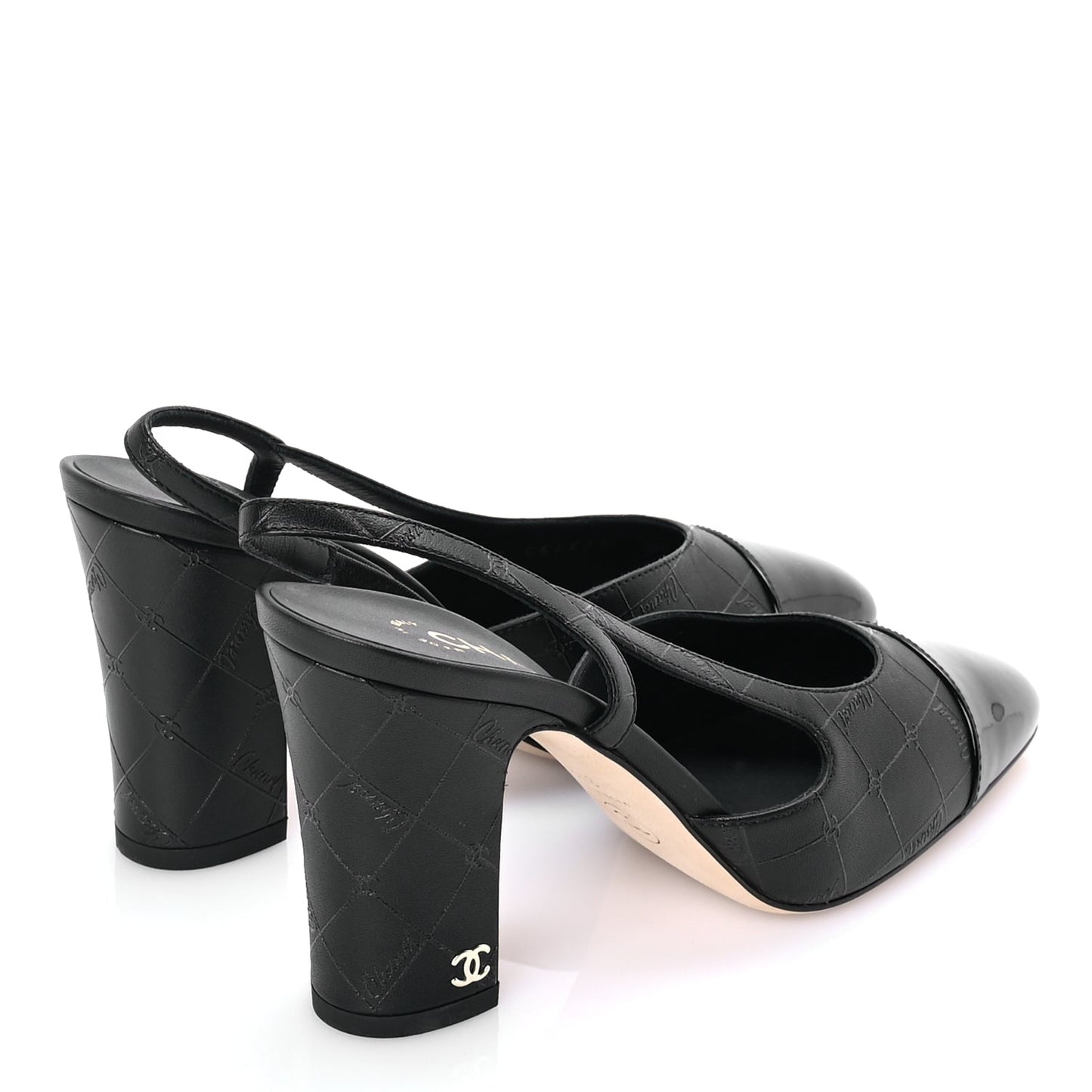 Chanel Lambskin Patent Calfskin Quilted Cap Toe Coco CC Slingback Pumps 37.5  Black