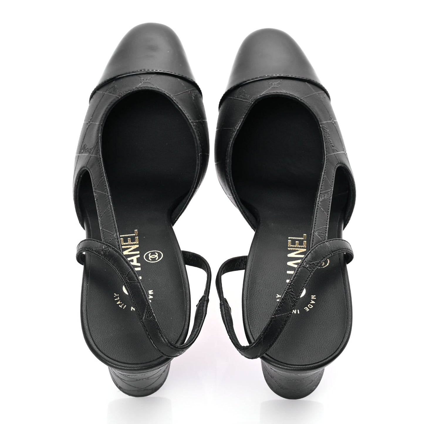 Chanel Lambskin Patent Calfskin Quilted Cap Toe Coco CC Slingback Pumps 37.5  Black