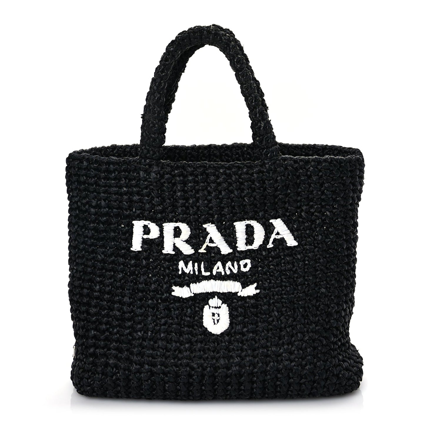 Prada Yarn Raffia Effect Crochet Small Logo Tote Black