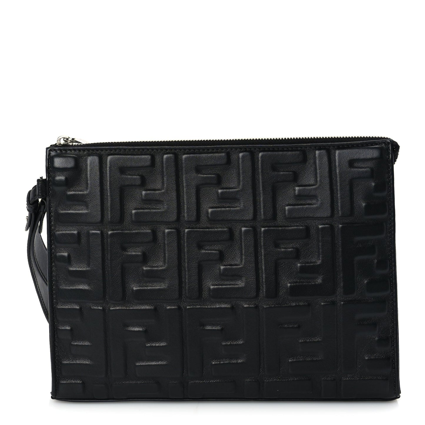 Fendi Vitello Grace FF 1974 Embossed Flat Pouch  Black