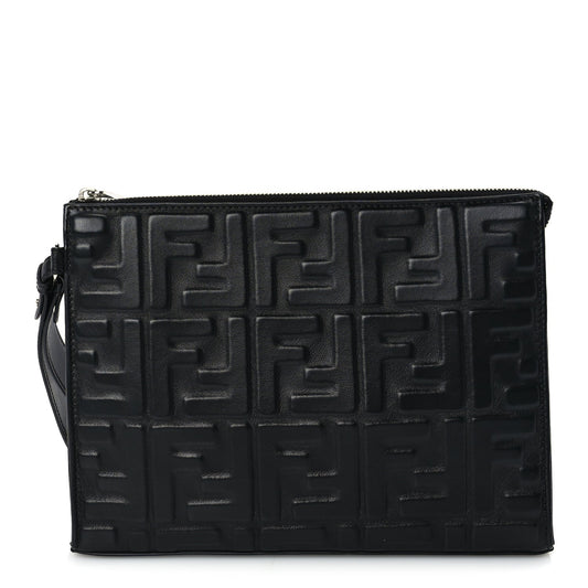 Fendi Vitello Grace FF 1974 Embossed Flat Pouch  Black