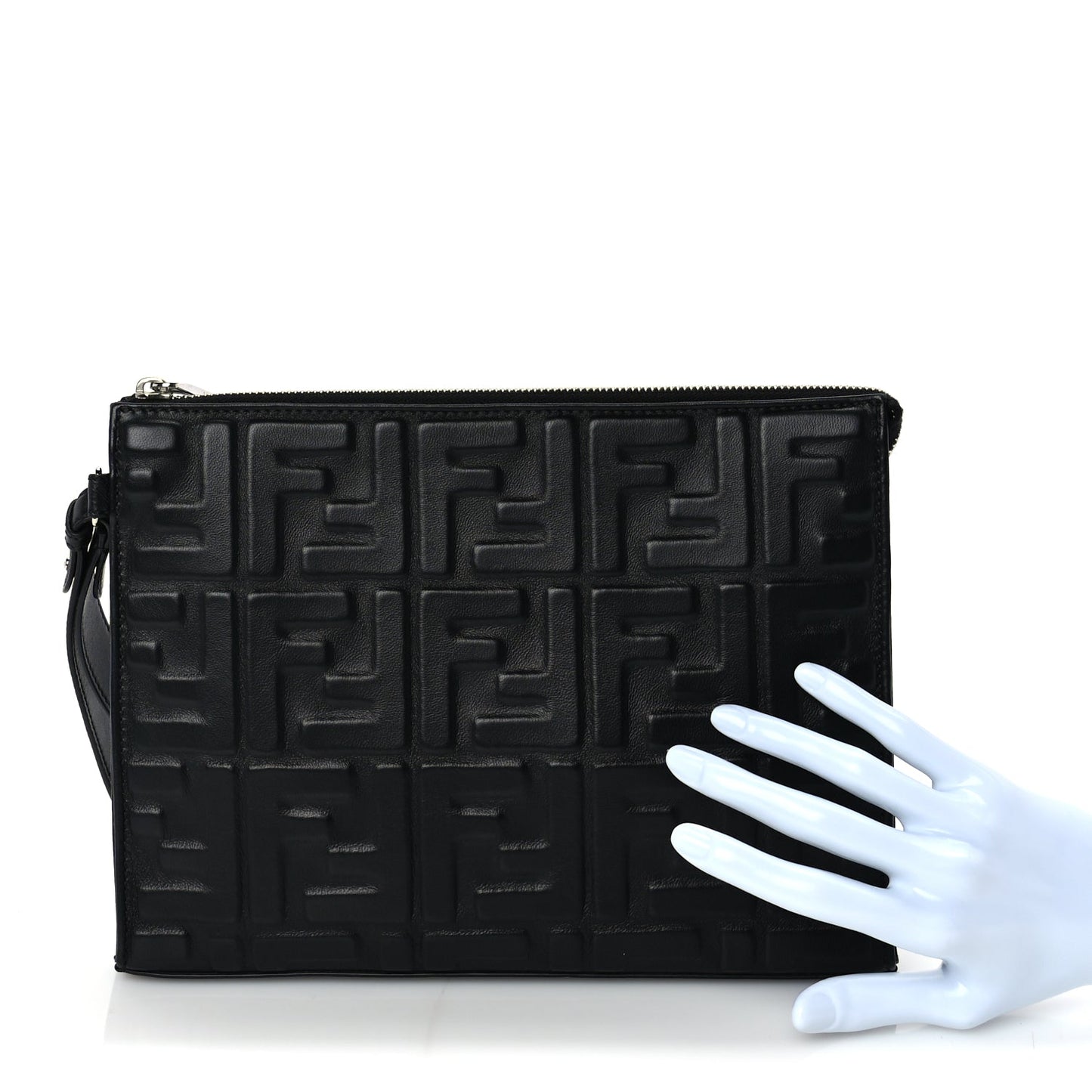 Fendi Vitello Grace FF 1974 Embossed Flat Pouch  Black