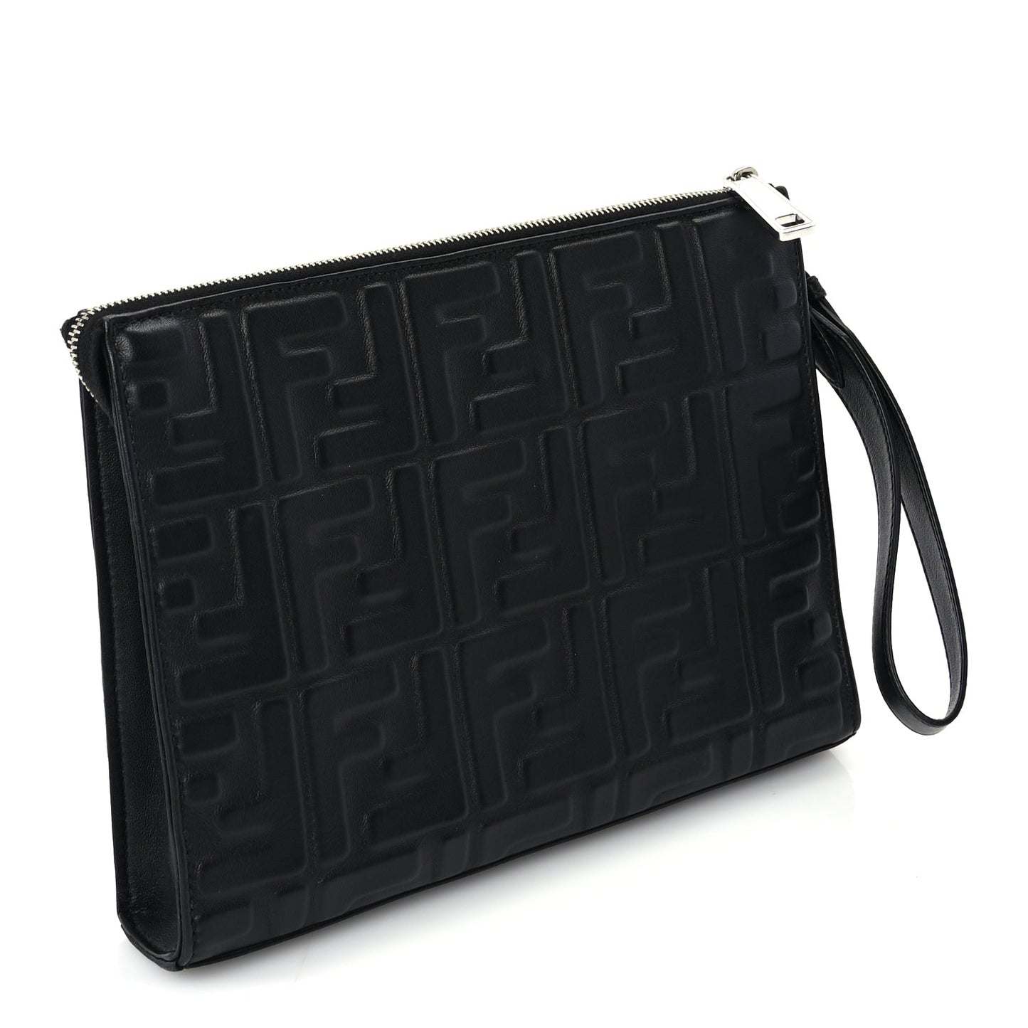Fendi Vitello Grace FF 1974 Embossed Flat Pouch  Black