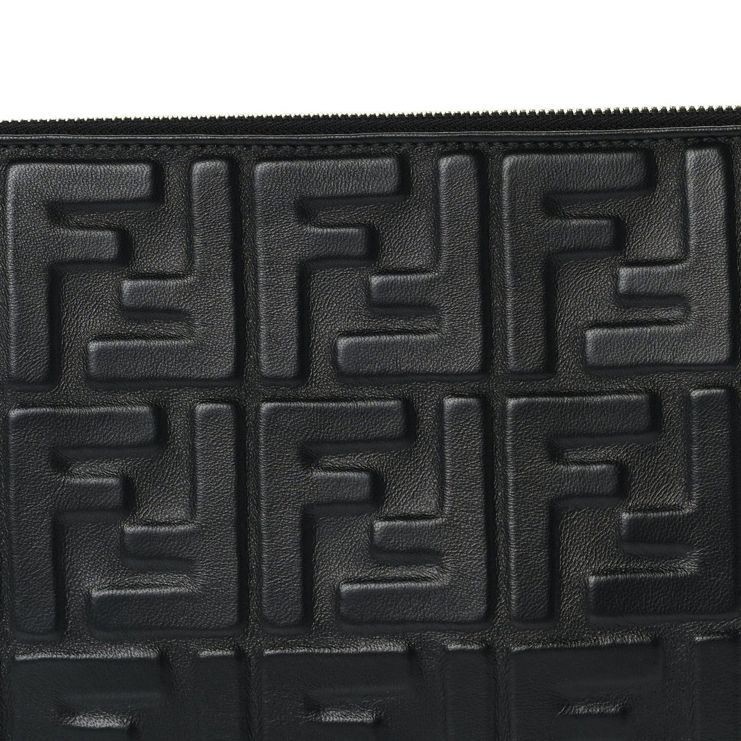 Fendi Vitello Grace FF 1974 Embossed Flat Pouch  Black