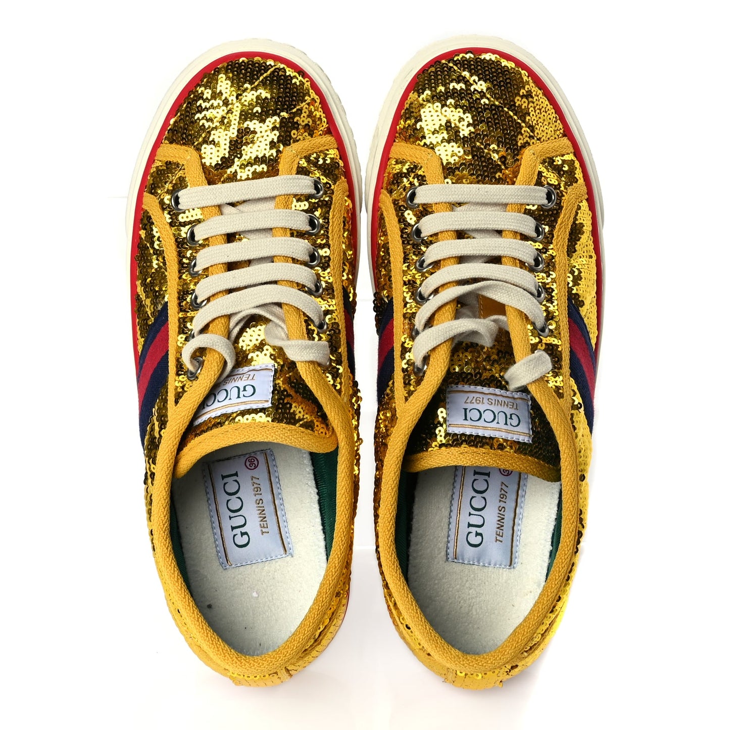 Gucci Sequin Web Matelasse Womens 1977 Tennis Sneakers 36 Gold Yellow