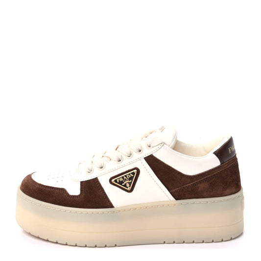 Prada Suede Nappa Triangle Womens Downtown Platform Low Top Sneakers 37.5 White Cocoa Brown