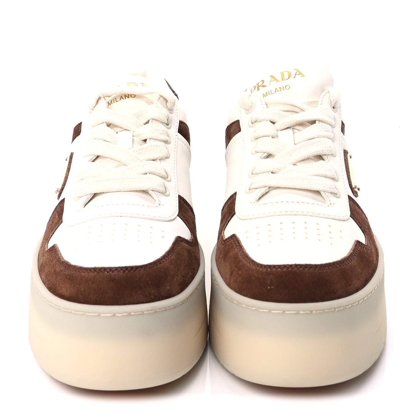 Prada Suede Nappa Triangle Womens Downtown Platform Low Top Sneakers 37.5 White Cocoa Brown