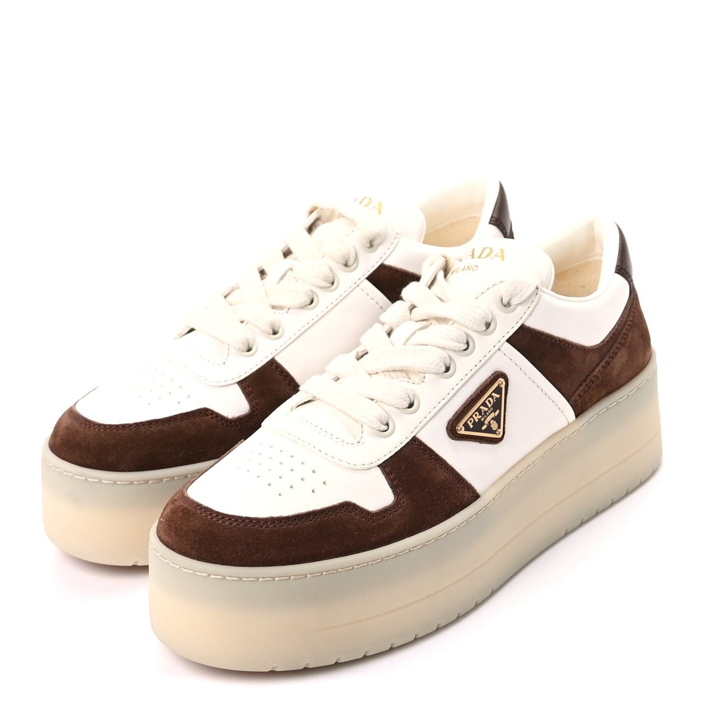 Prada Suede Nappa Triangle Womens Downtown Platform Low Top Sneakers 37.5 White Cocoa Brown
