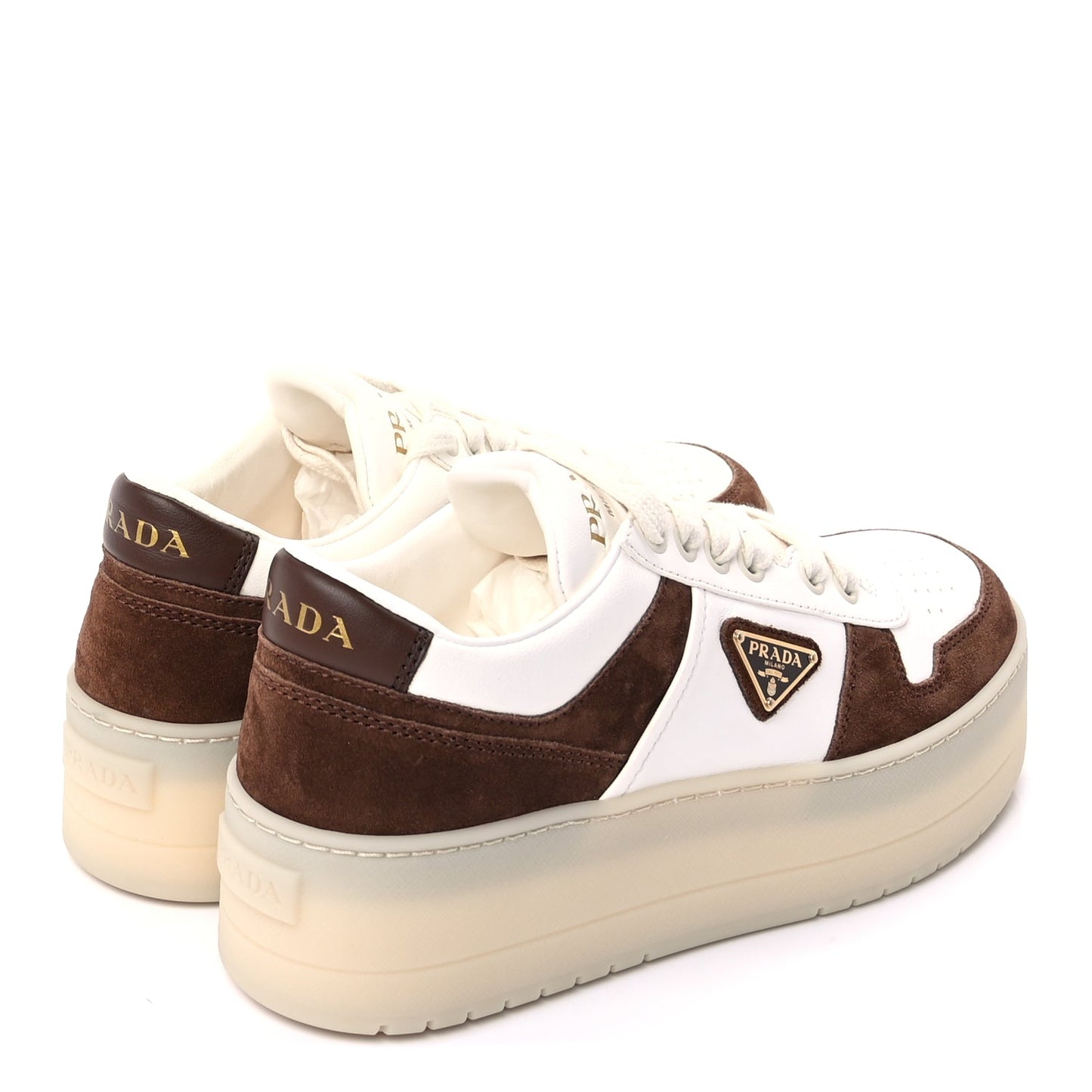Prada Suede Nappa Triangle Womens Downtown Platform Low Top Sneakers 37.5 White Cocoa Brown