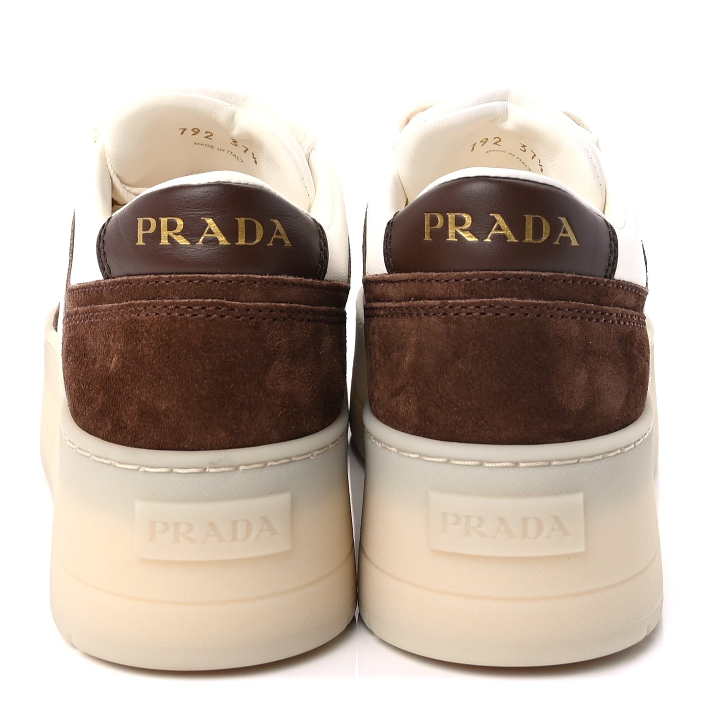 Prada Suede Nappa Triangle Womens Downtown Platform Low Top Sneakers 37.5 White Cocoa Brown