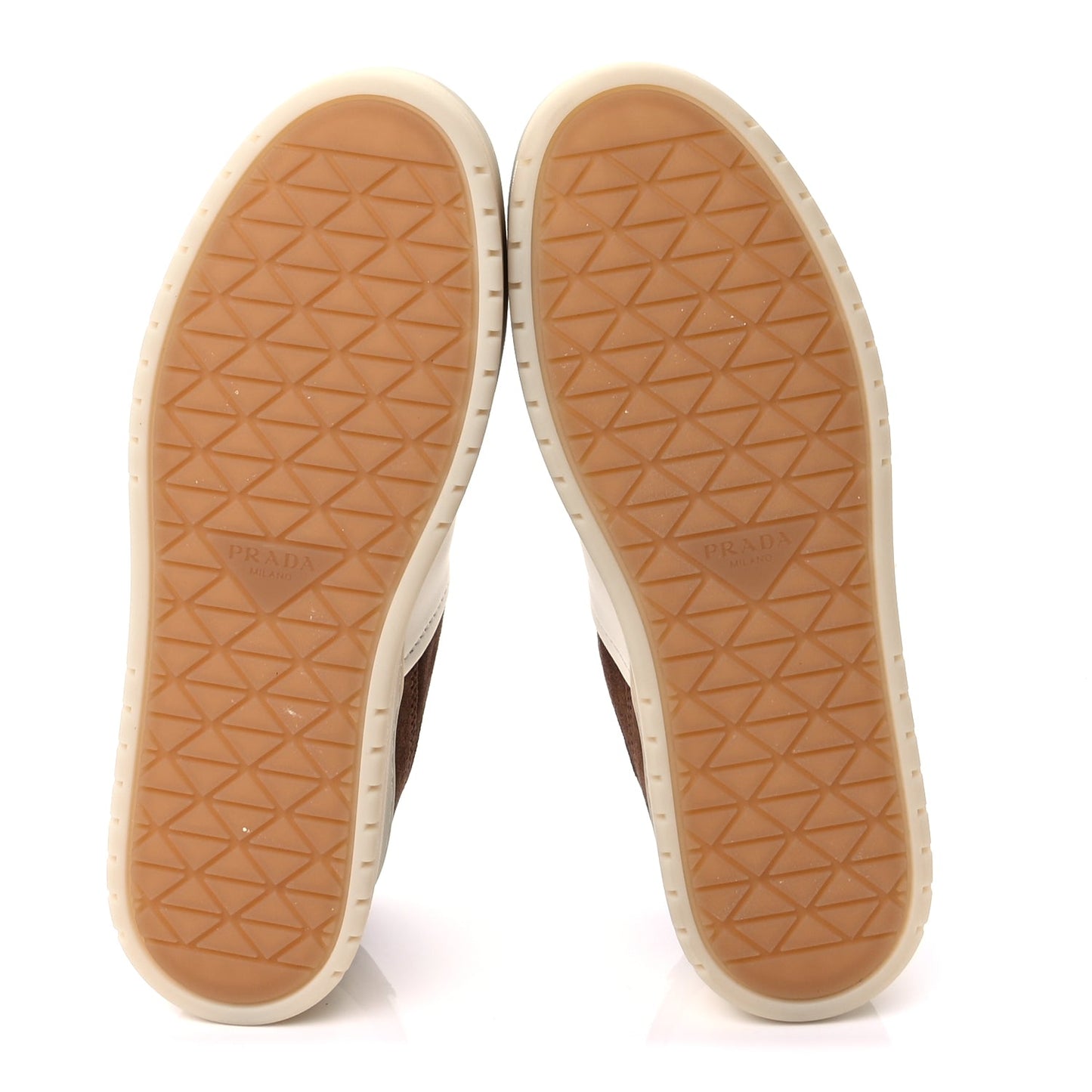 Prada Suede Nappa Triangle Womens Downtown Platform Low Top Sneakers 37.5 White Cocoa Brown