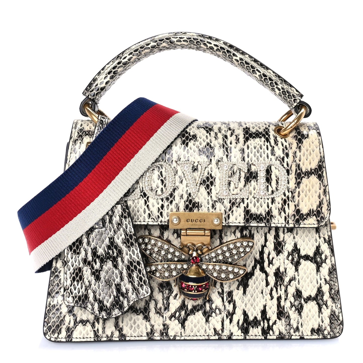 Gucci Snakeskin Sylvie Web Small Queen Margaret Top Handle Bag Roccia Natural