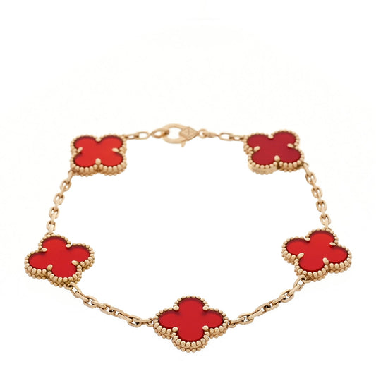Van Cleef & Arpels 18K Yellow Gold Carnelian 5 Motifs Vintage Alhambra Bracelet