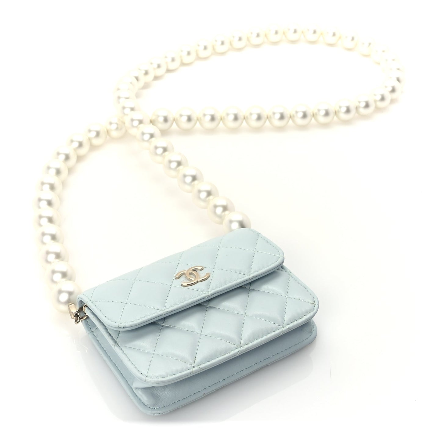 Chanel Lambskin Mini Maxi Pearls Wallet On Chain WOC Light Blue