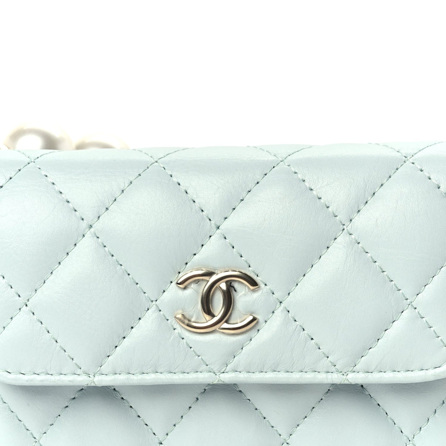 Chanel Lambskin Mini Maxi Pearls Wallet On Chain WOC Light Blue