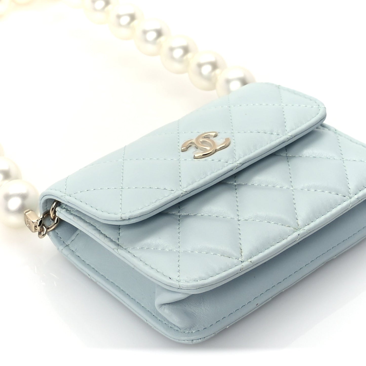 Chanel Lambskin Mini Maxi Pearls Wallet On Chain WOC Light Blue