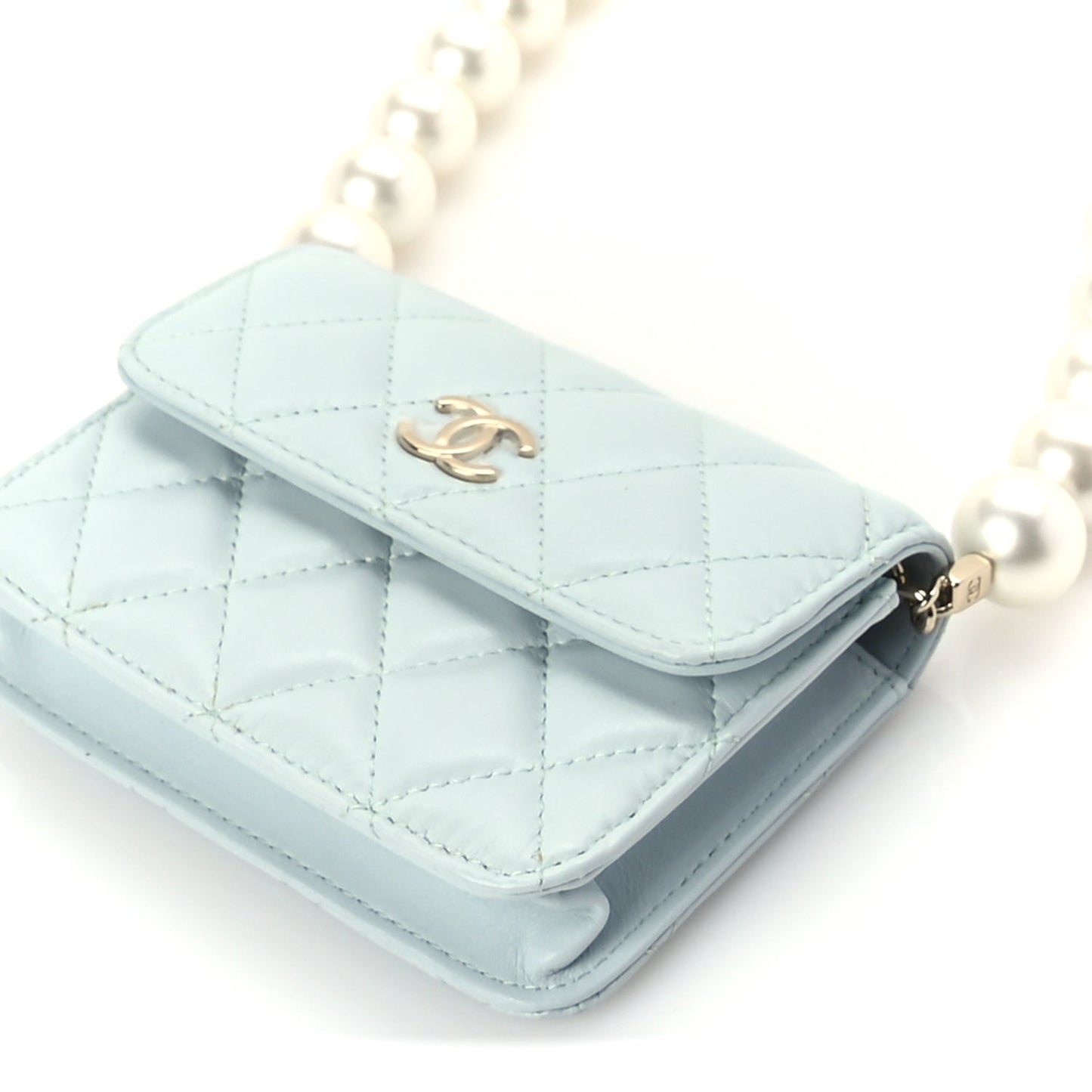 Chanel Lambskin Mini Maxi Pearls Wallet On Chain WOC Light Blue