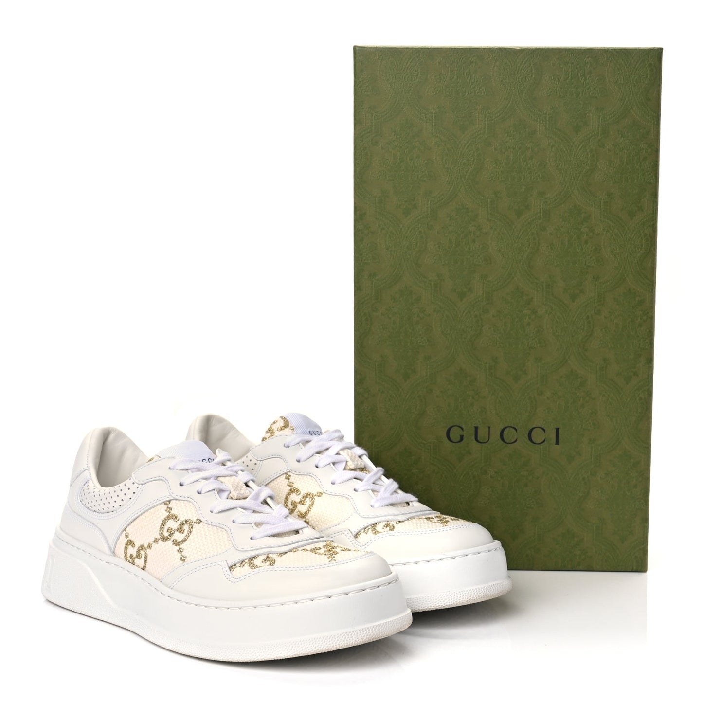 Gucci Dali Soft Calfskin GG Tennis Embossed Perforated Womens Platform 55mm Sneakers White Gold