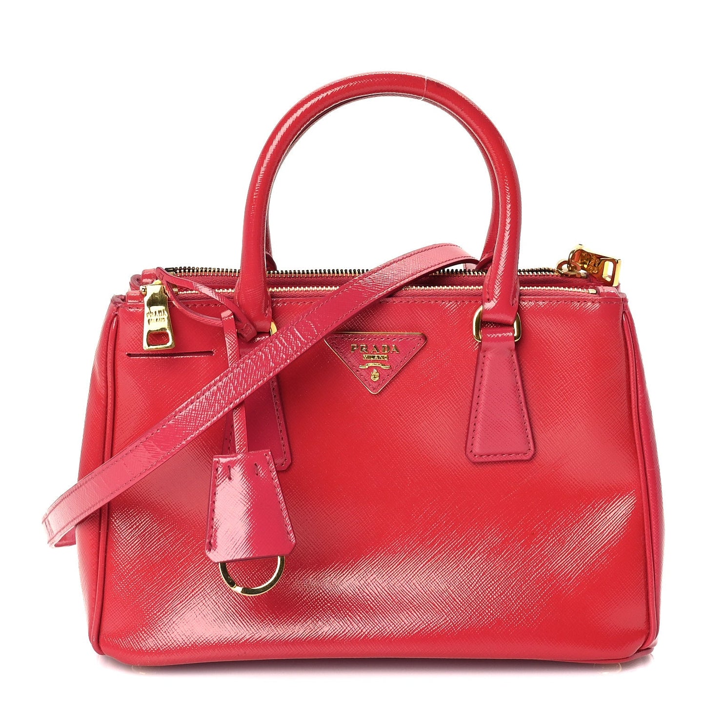 Prada Saffiano Vernice Mini Galleria Double Zip Tote Peonia