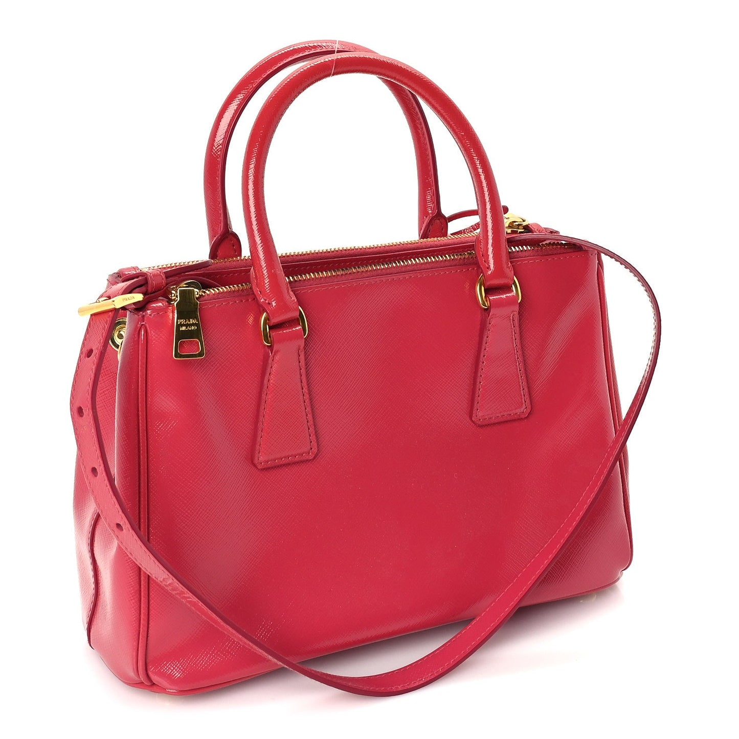 Prada Saffiano Vernice Mini Galleria Double Zip Tote Peonia