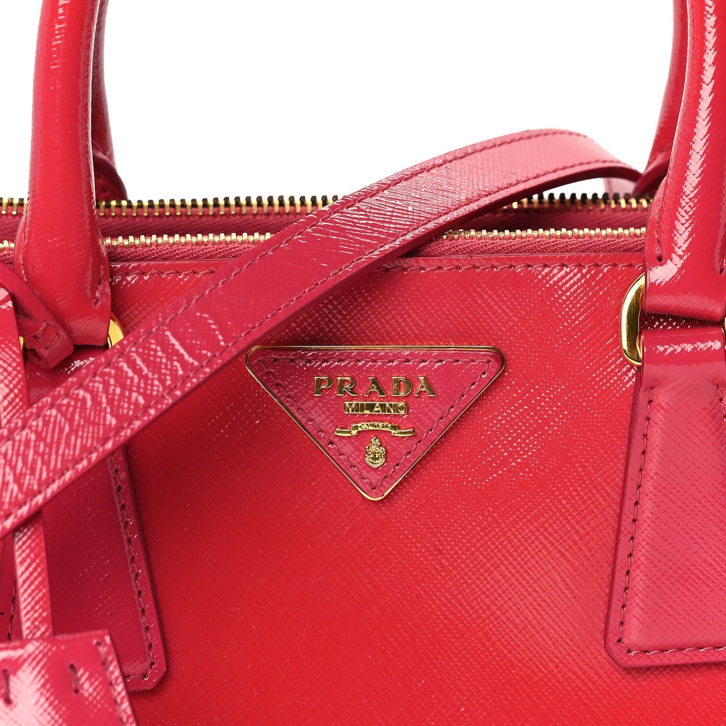 Prada Saffiano Vernice Mini Galleria Double Zip Tote Peonia