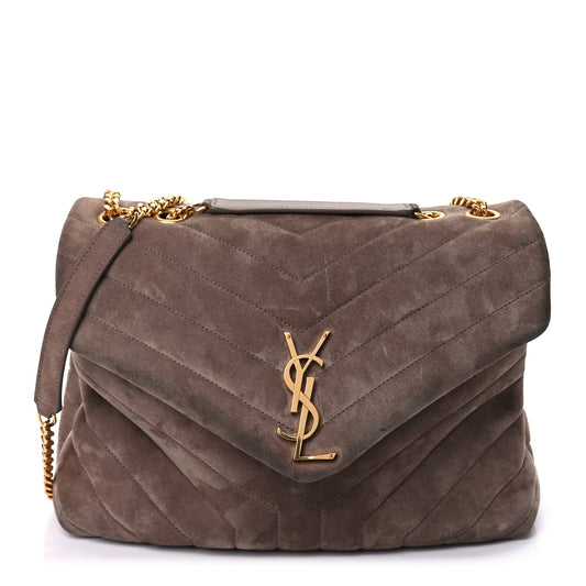 Saint Laurent Suede Y Quilted Monogram Medium Loulou Chain Satchel Taupe