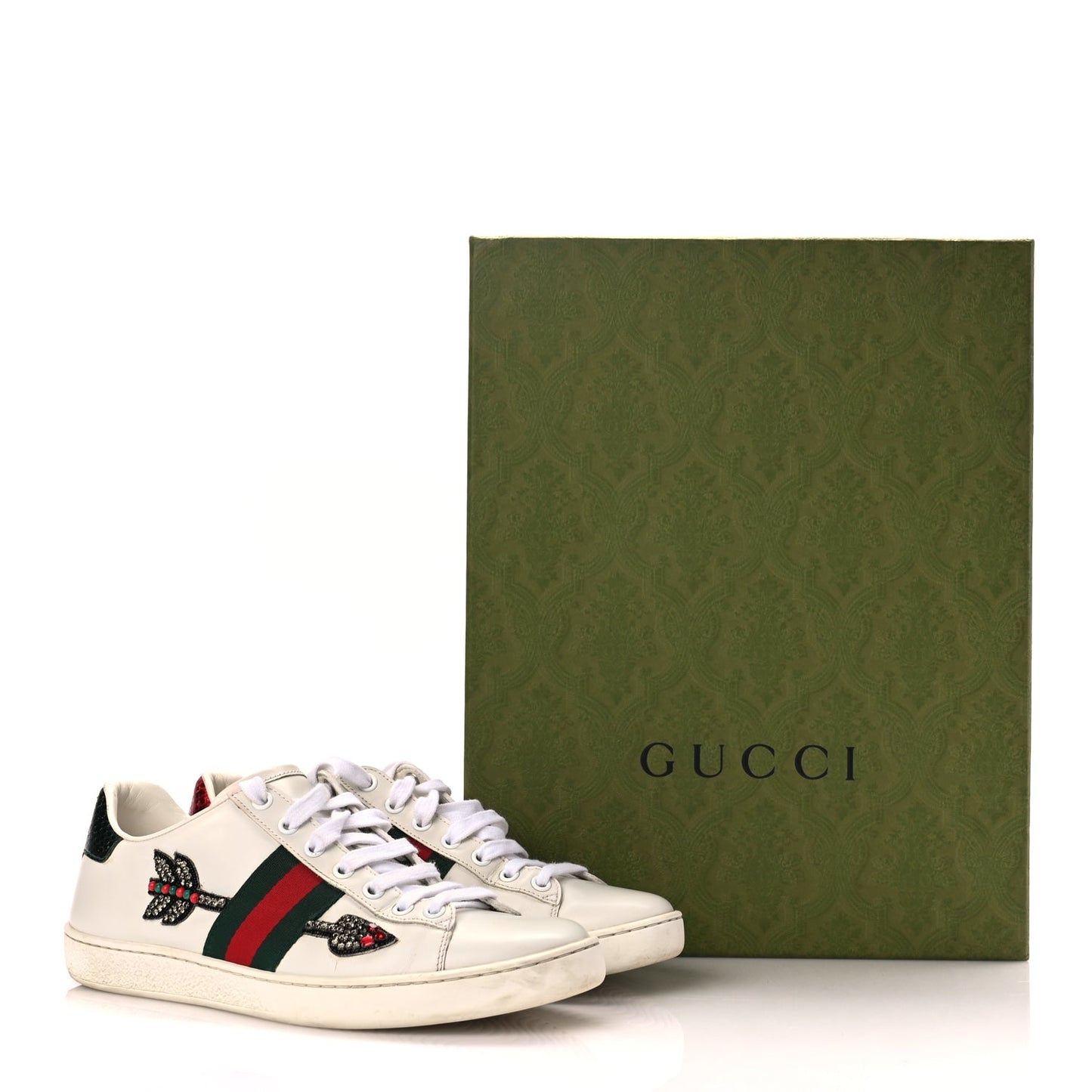 Gucci Calfskin Web Studded Womens Arrow Ace Sneakers 39 White