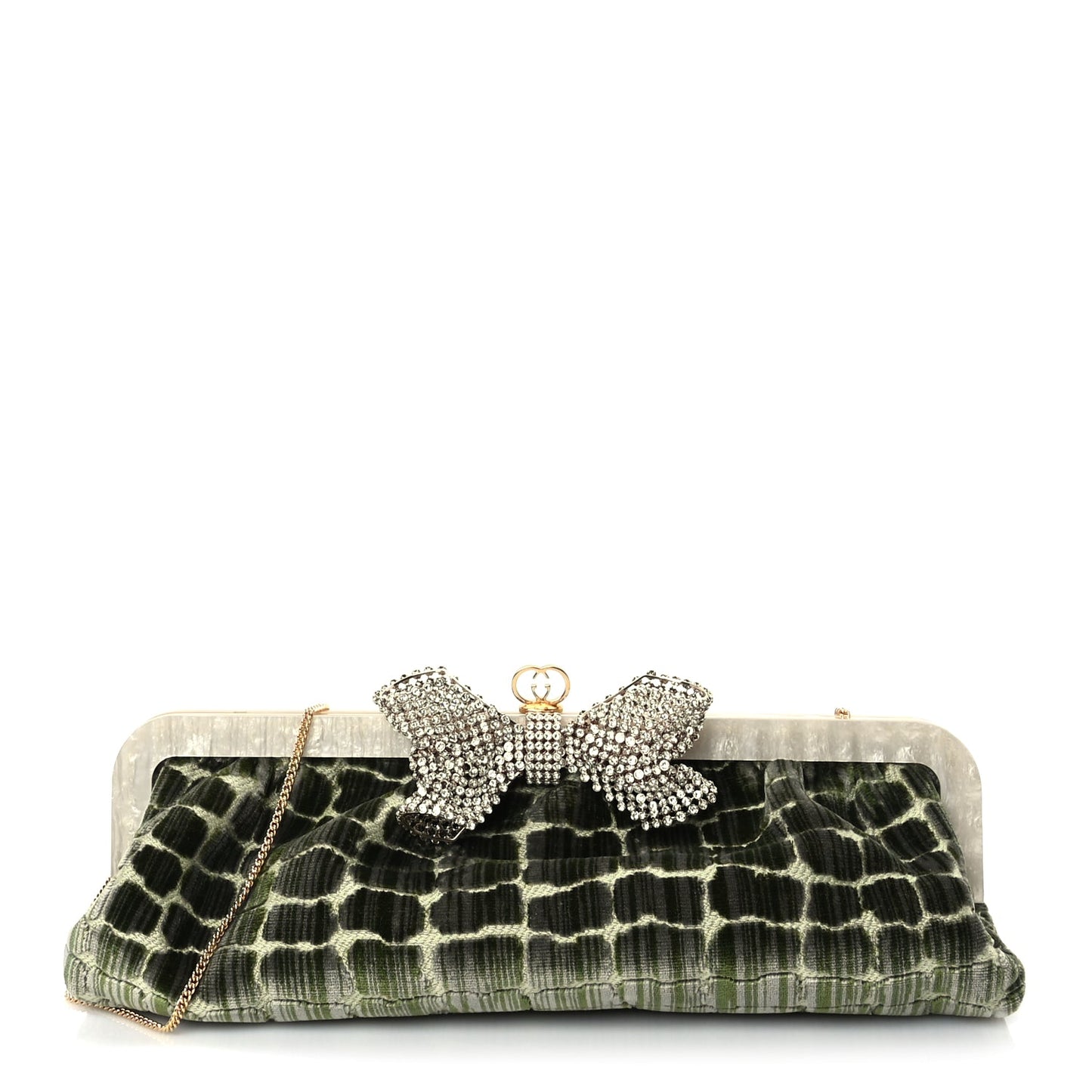 Gucci Velvet Crocodile Mother of Pearl Jacquard Crystal Bow Clutch Green