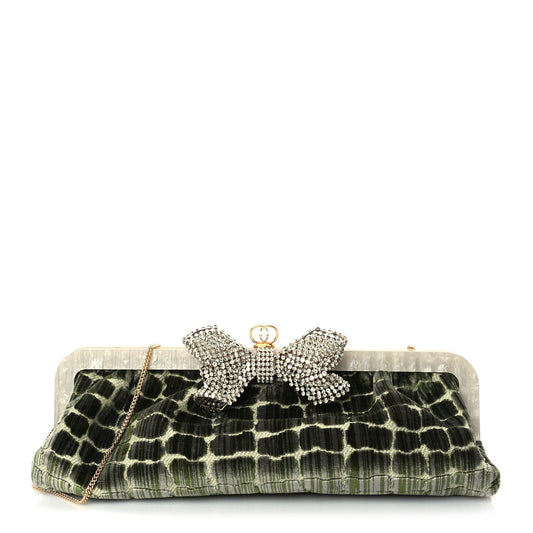 Gucci Velvet Crocodile Mother of Pearl Jacquard Crystal Bow Clutch Green