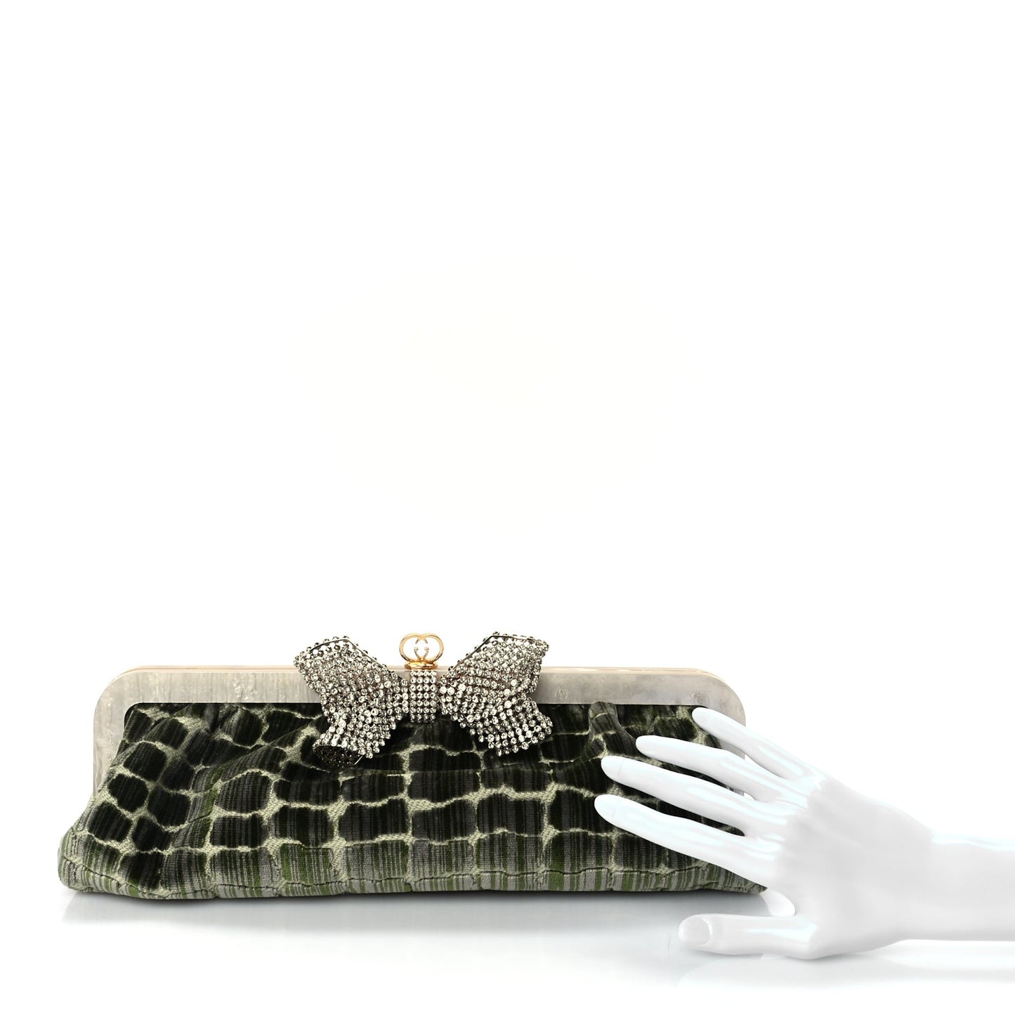 Gucci Velvet Crocodile Mother of Pearl Jacquard Crystal Bow Clutch Green