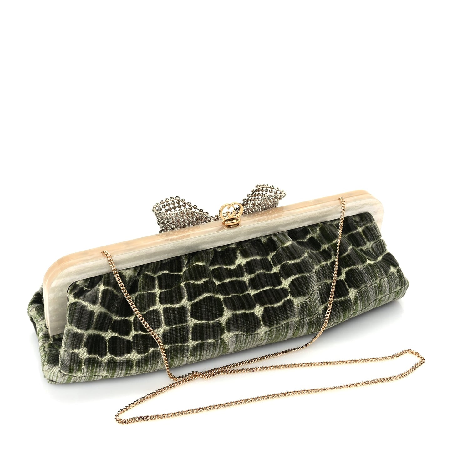 Gucci Velvet Crocodile Mother of Pearl Jacquard Crystal Bow Clutch Green