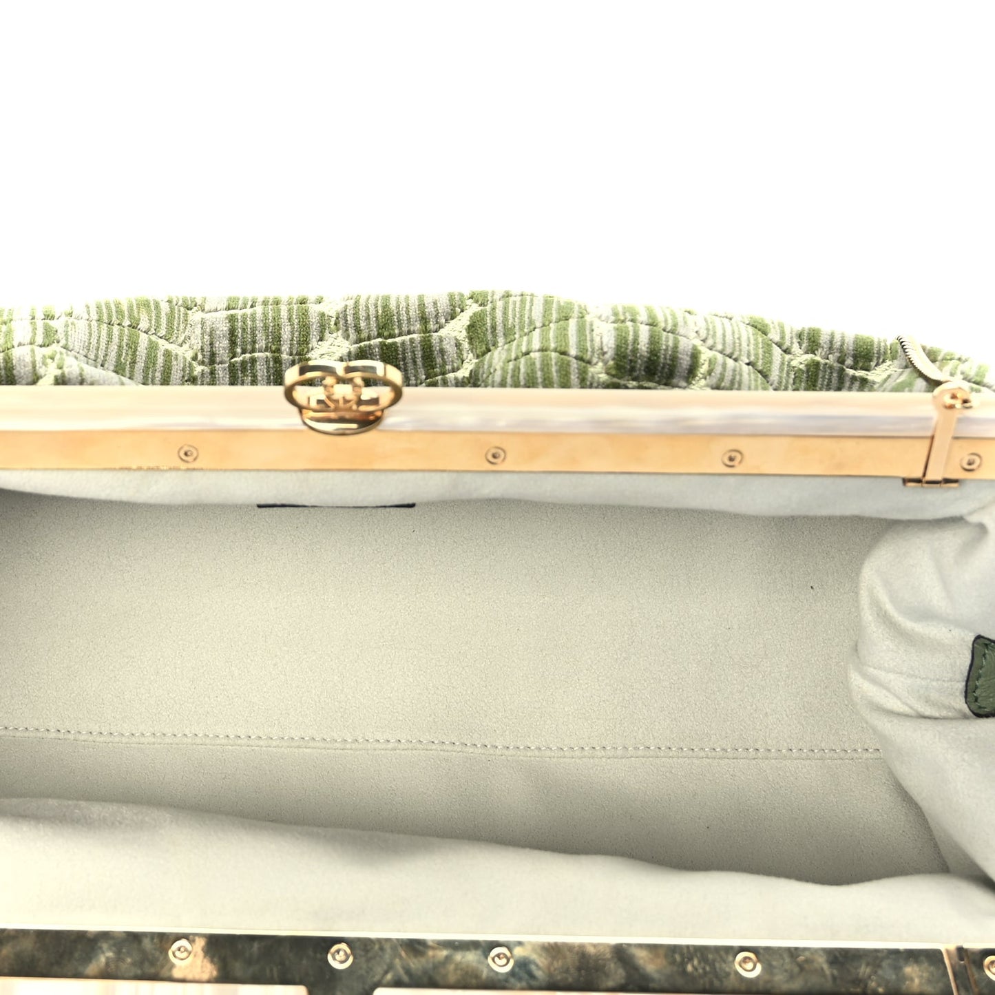 Gucci Velvet Crocodile Mother of Pearl Jacquard Crystal Bow Clutch Green