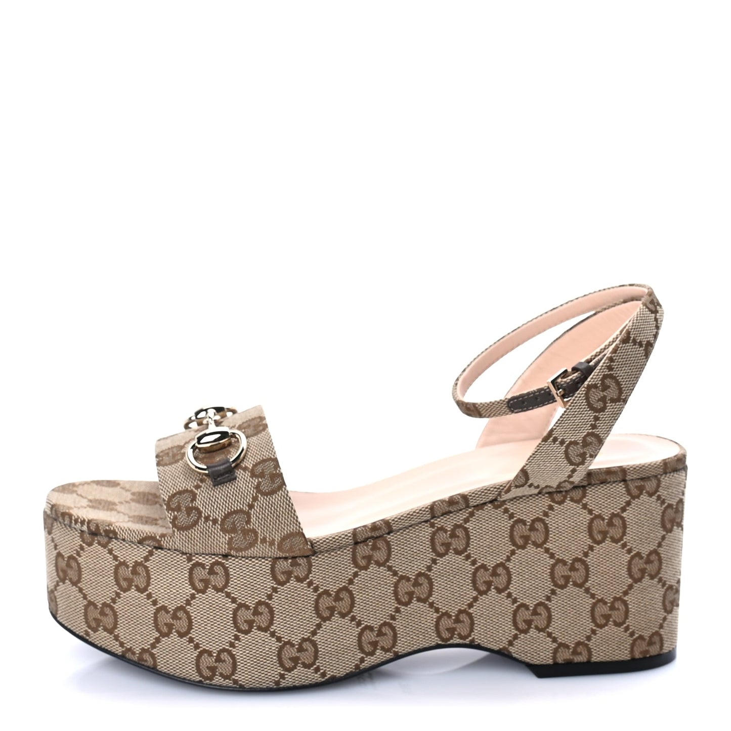 Gucci Monogram Nappa Chalotte Horsebit Ankle Strap 75mm Flatform Sandals 38.5  Beige Ebony